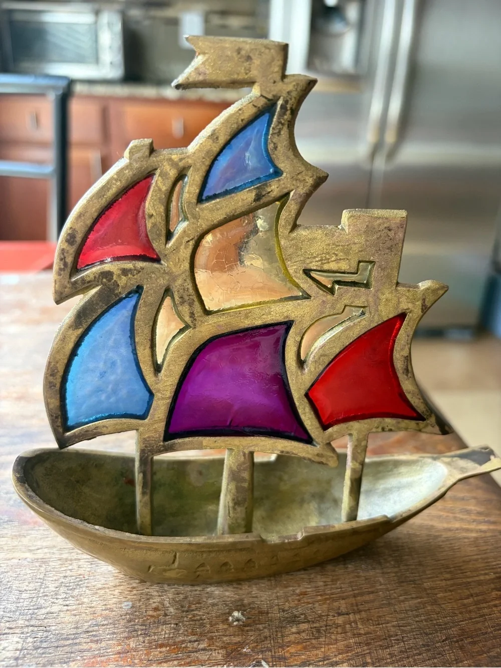 Brass and Stained Glass Sailboat Accent - Multicolor